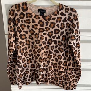 C by Bloomingdale’s Leopard Print Crewneck Sweater in Pink and Brown